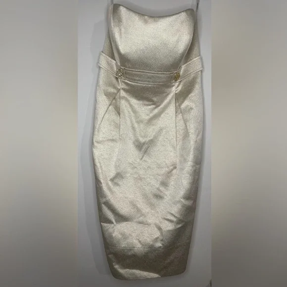 David’s Bridal Strapless Dress Cream and Shimmering w/ Gold Button Detail-Size 4 - Picture 5 of 8